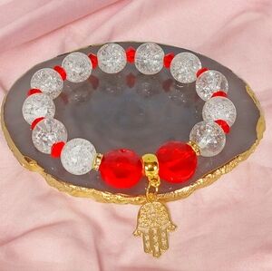 Chunky White Crackle & Red Glass Bracelet Gold Hamsa Charm Y2K Good Luck Amulet